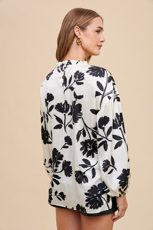 Frill Printed Balloon Sleeve Blouse (Online Only/Shipped from USA)