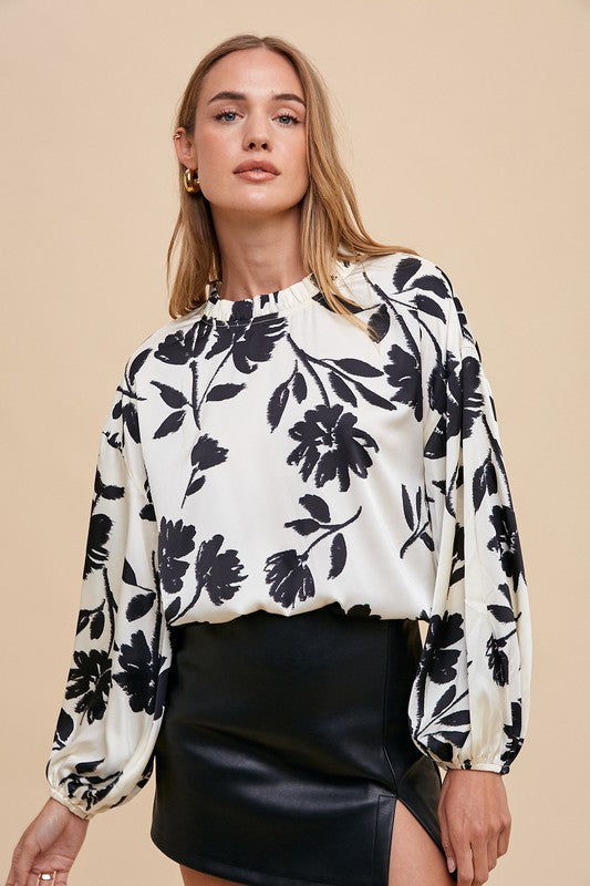 Frill Printed Balloon Sleeve Blouse (Online Only/Shipped from USA)