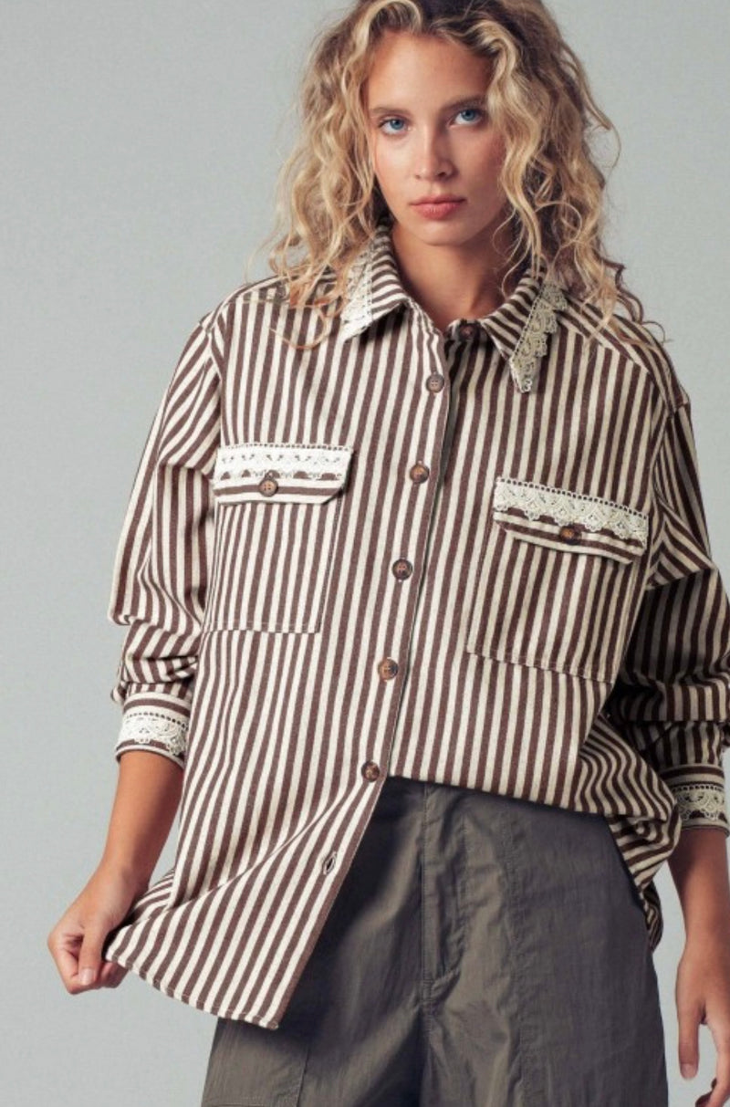 Sadie Brown Striped Shirt W/ Lace Trim