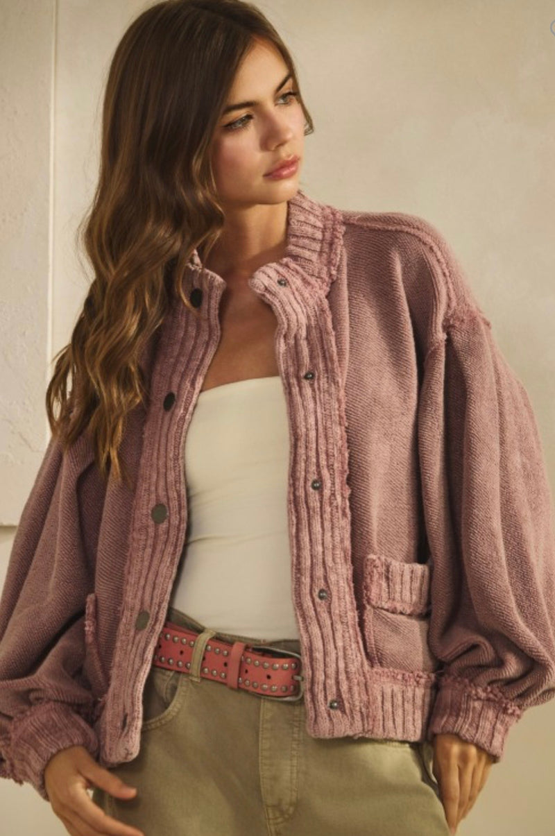 Washed Vintage Rib Knit Cardigan Jacket