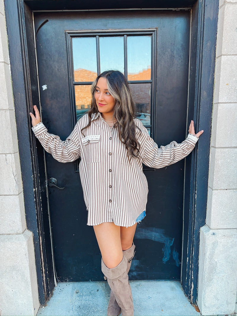 Sadie Brown Striped Shirt W/ Lace Trim