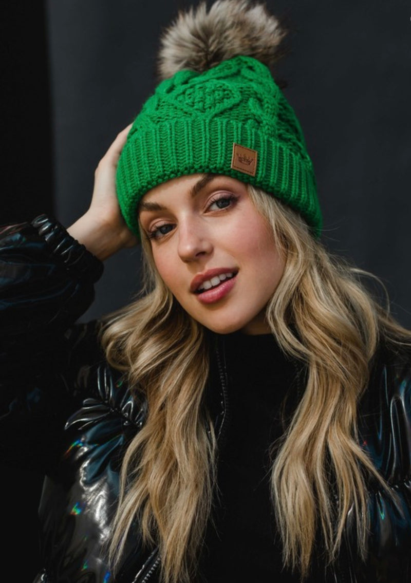 Green Cable Knit Pom Hat