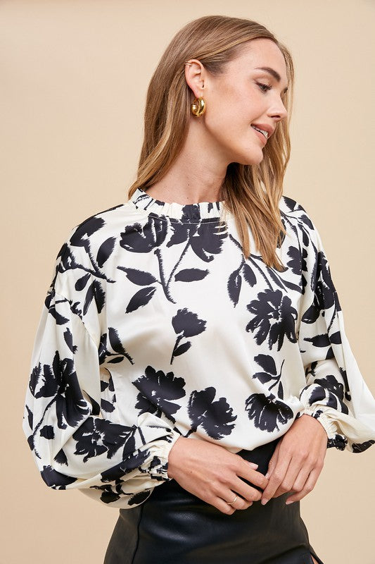 Frill Printed Balloon Sleeve Blouse (Online Only/Shipped from USA)