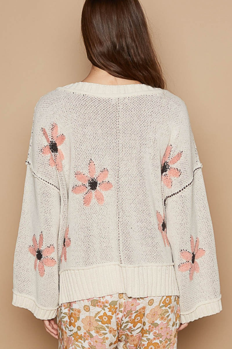 V-Neck Floral Pattern Chenille Sweater (Online Only/Ships from USA)