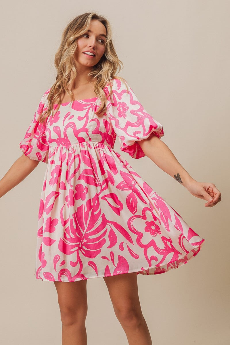 Tropical Floral Pattern Puff Sleeve Square Neck Dress (Online Only, Ships from USA)