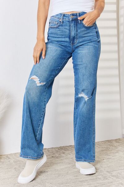 High Waist Distressed Straight-Leg Jeans by Judy Blue (Online Only)