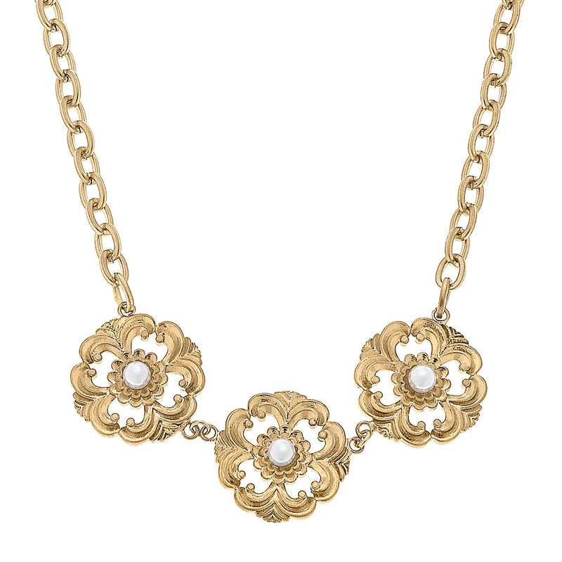 Orleans Linked Acanthus & Pearl Necklace in Worn Gold