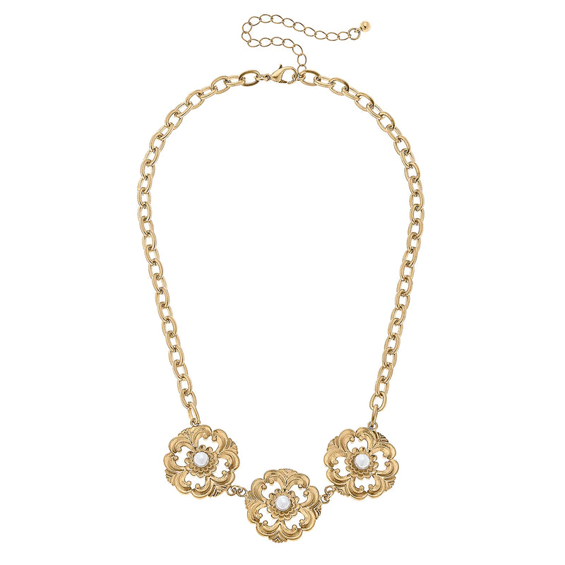 Orleans Linked Acanthus & Pearl Necklace in Worn Gold