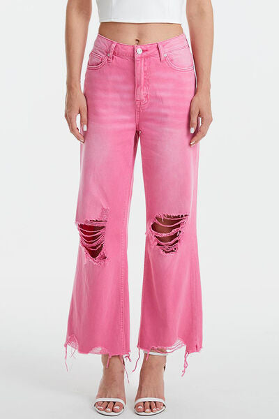 Pink High Waist Distressed Raw Hem Jeans (Online Only)