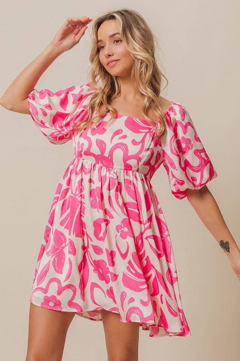 Tropical Floral Pattern Puff Sleeve Square Neck Dress (Online Only, Ships from USA)