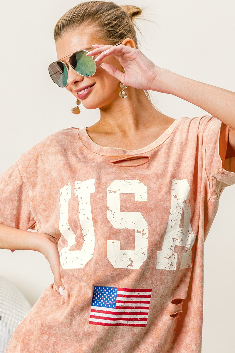 Washed American Flag Graphic Distressed T-Shirt (Online Only)