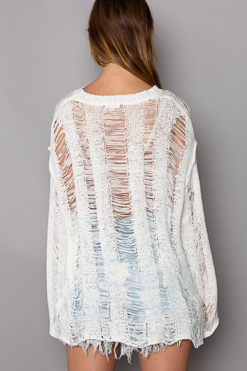 POL Distressed Round Neck Long Sleeve Knit Cover Up (Online Only)