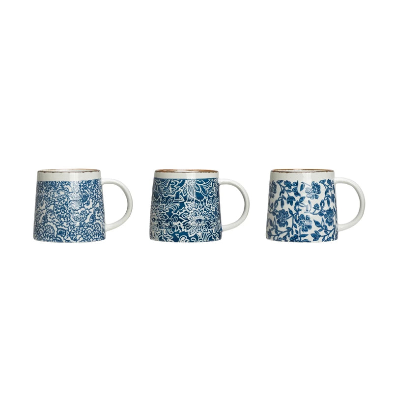 Hand Stamped Stoneware Mug Blue & White