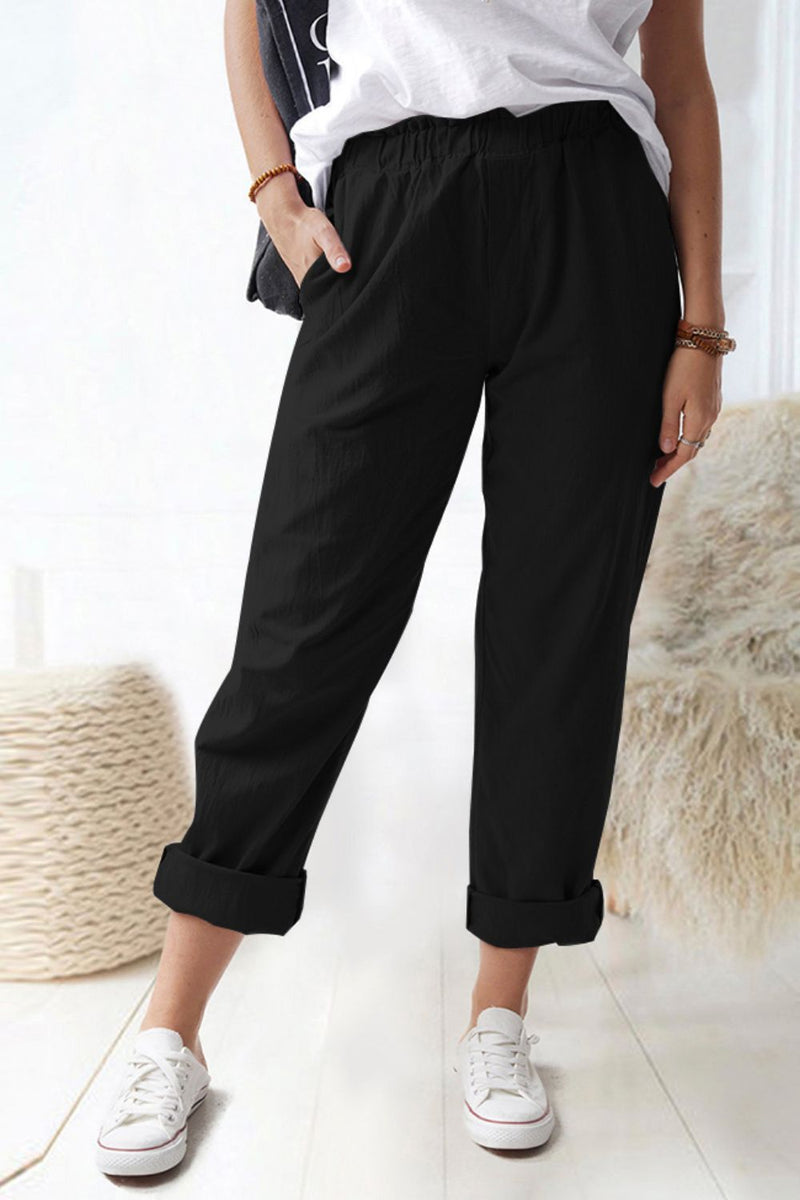 Paper-bag Waist, Black or Khaki, Pull-On Pants with Pockets, SM - 2xl