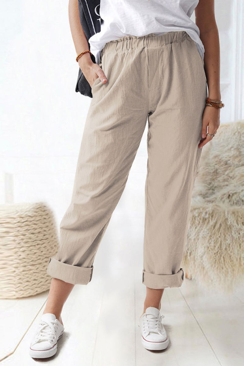 Paper-bag Waist, Black or Khaki, Pull-On Pants with Pockets, SM - 2xl