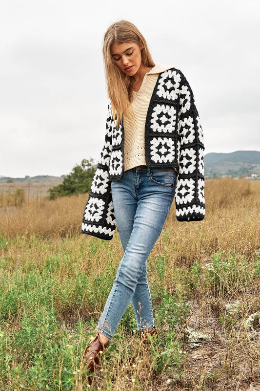 Two-Tone Floral Square Crochet Open Knit Cardigan (Online Only/Ships from USA)