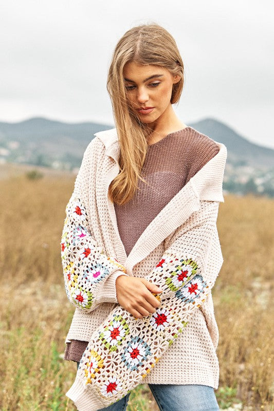 Crochet Floral Printed Long Sleeve Knit Cardigan  (Online Only/Ships from USA)