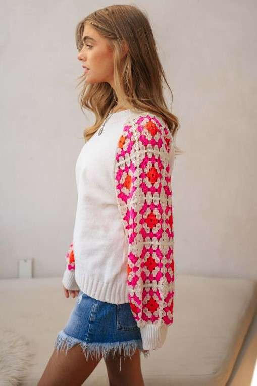 Crochet Detailed Long Sleeve Knit Sweater Top  (Online Only/Ships from USA)