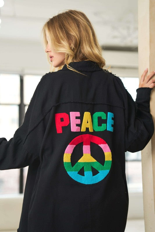 Multi Color Lettering Peace Symbol Button Up Shirt  (Online Only/Ships from USA)