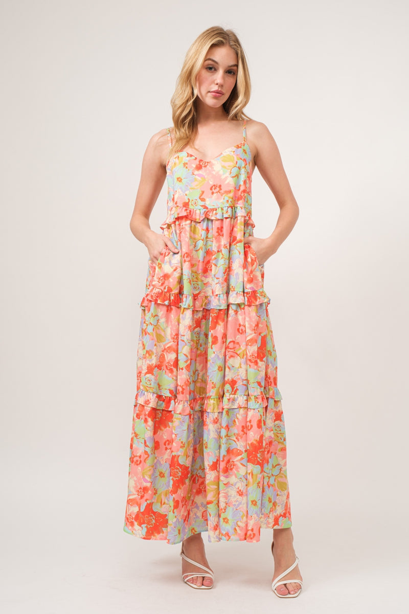 Floral Ruffled Tiered Maxi Adjustable Strap Cami Dress (Online Only/Ships from USA)