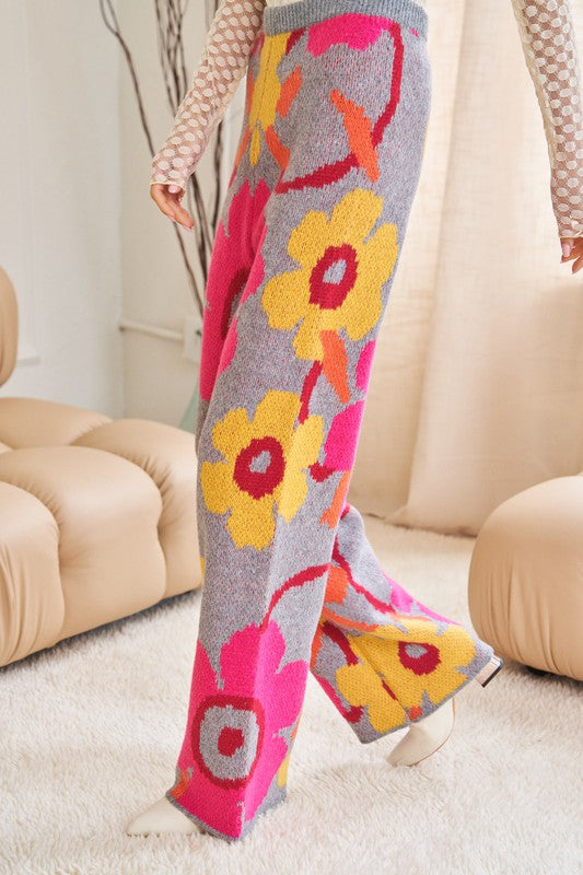 Flower Printed Casual Cozy Full Long Wide Pants  (Online Only/Ships from USA)