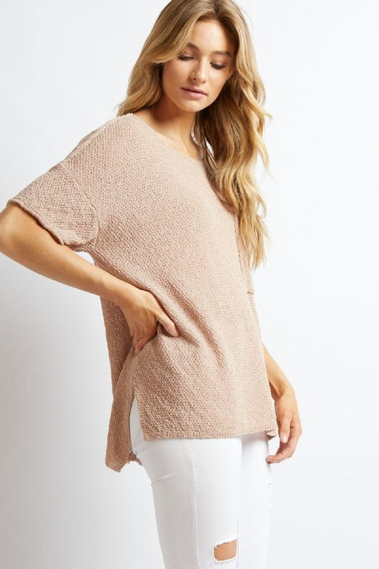 Solid Round Neck 3/4 Sleeve Loose Top  (Online Only/Ships from USA)