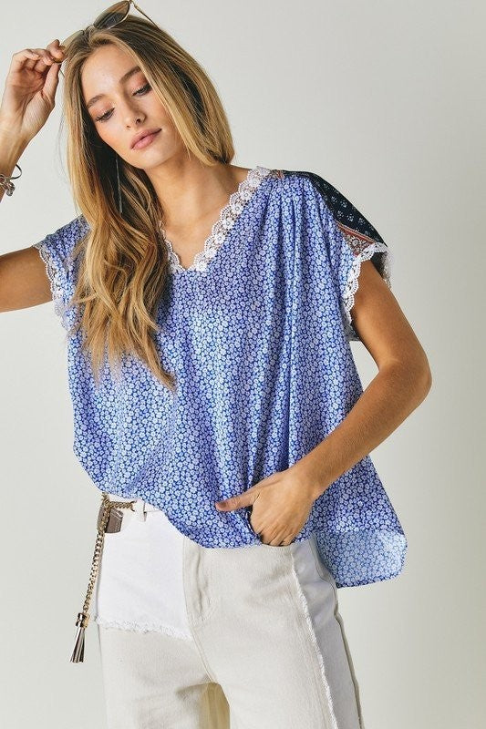 Printed Lace V-Neck Short Sleeve Loose Top  (Online Only/Ships from USA)