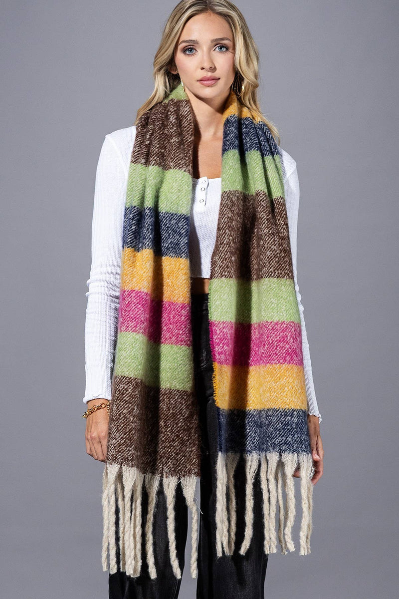 Multi Color Stripped Brushed Fringe Scarf