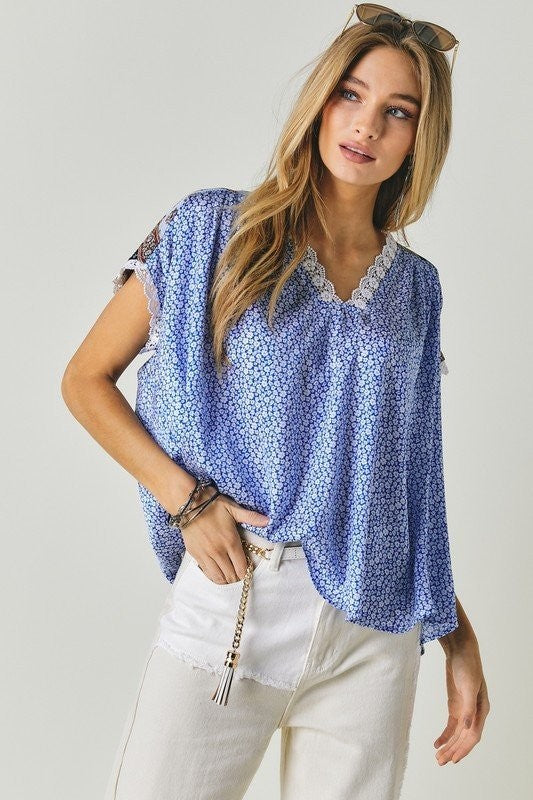 Printed Lace V-Neck Short Sleeve Loose Top  (Online Only/Ships from USA)