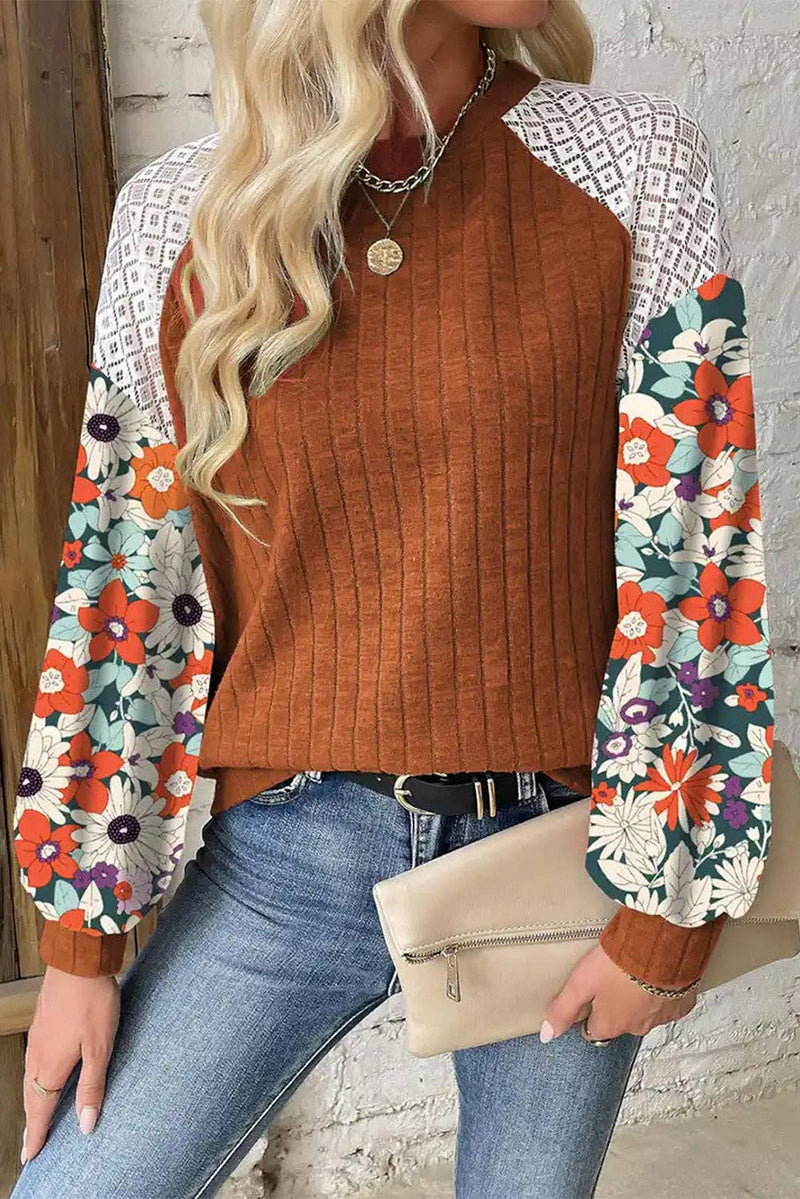 Floral Patchwork Raglan Sleeve Ribbed Blouse