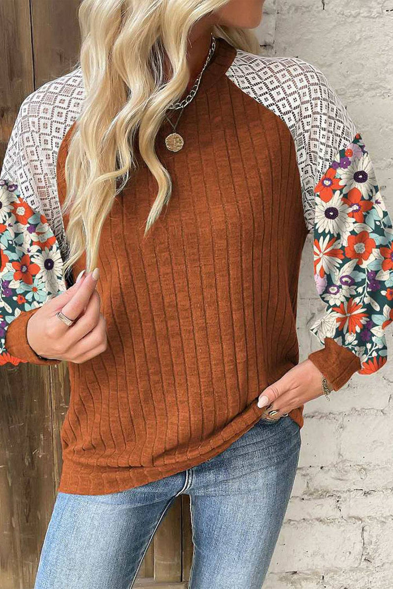 Floral Patchwork Raglan Sleeve Ribbed Blouse