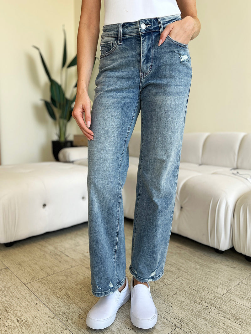 Judy Blue High Waist Distressed Straight Jeans (Online Only/Ships from USA)