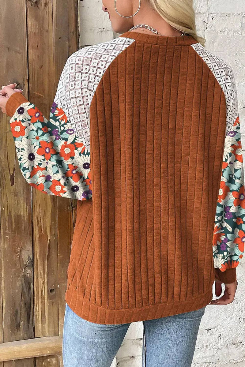 Floral Patchwork Raglan Sleeve Ribbed Blouse