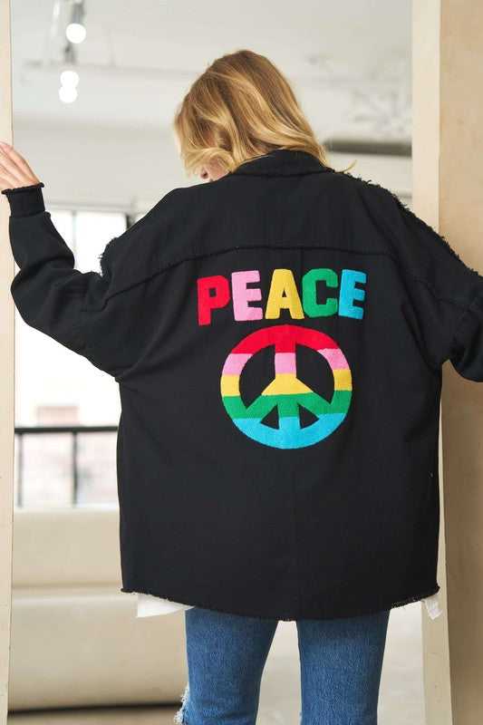 Multi Color Lettering Peace Symbol Button Up Shirt  (Online Only/Ships from USA)