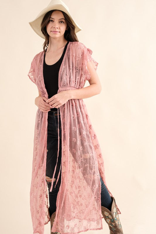 CHIFFON EMBROIDERY LACE KIMONO DUSTER CARDIGAN (Online Only/Ships from USA)