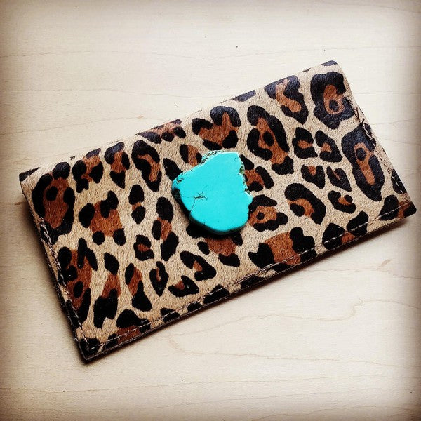 Hair hide Leather Wallet-Leopard w/ Turquoise Slab  (Online Only)