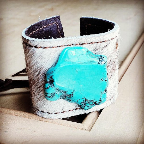Leather Cuff -Spotted Hair Hide w/ Turquoise Slab  (Online Only)