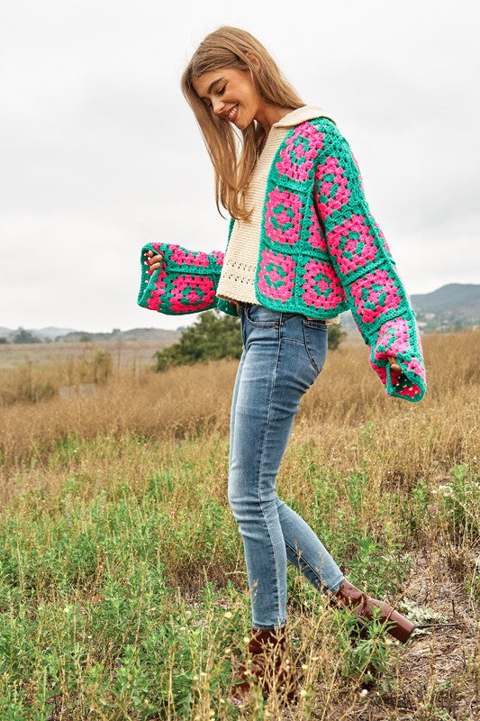 Two-Tone Floral Square Crochet Open Knit Cardigan (Online Only/Ships from USA)