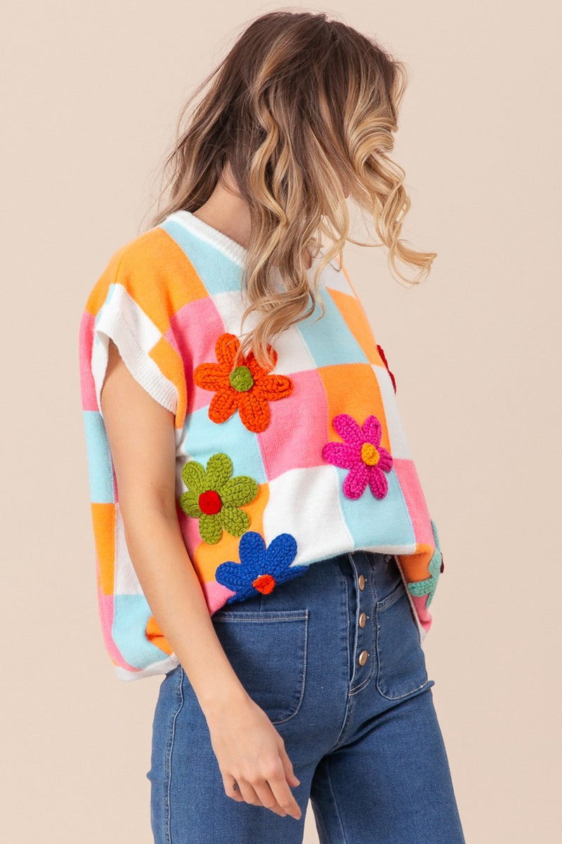 Flower Patch Checkered Sweater Vest (Online Only/Ships from USA)