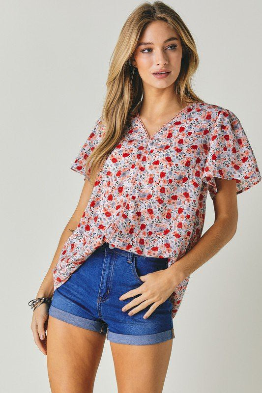 Floral Printed V-Neck Short Sleeve Top  (Online Only/Ships from USA)