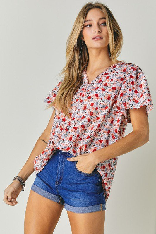 Floral Printed V-Neck Short Sleeve Top  (Online Only/Ships from USA)