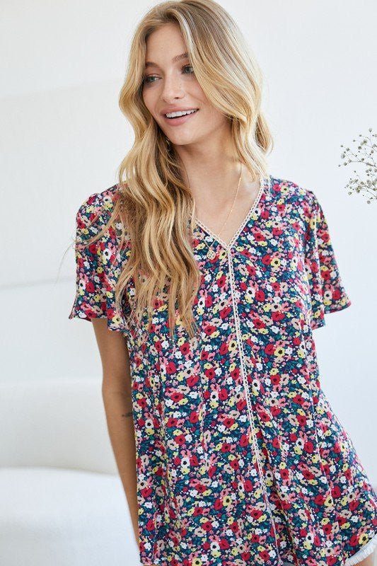 Floral Printed V-Neck Short Sleeve Top  (Online Only/Ships from USA)