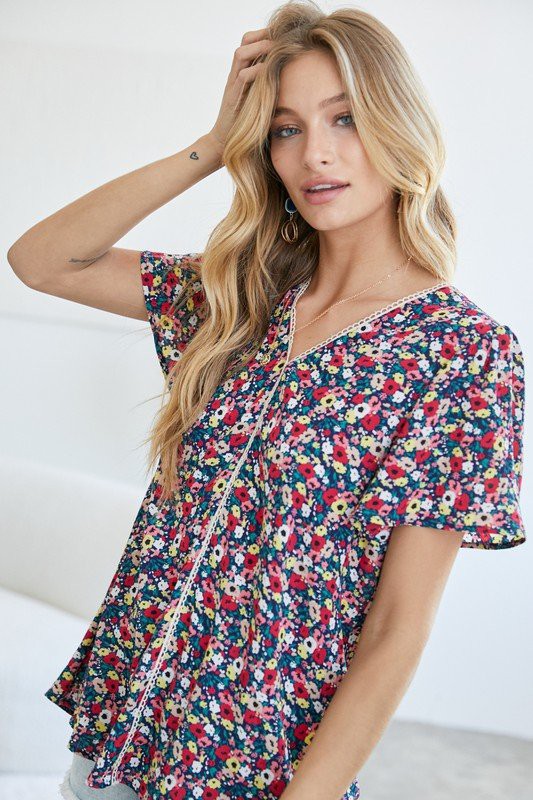 Floral Printed V-Neck Short Sleeve Top  (Online Only/Ships from USA)