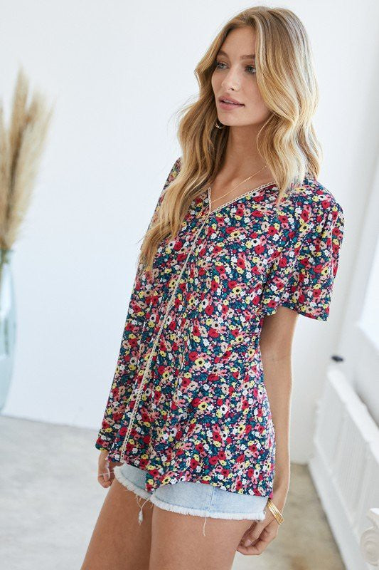 Floral Printed V-Neck Short Sleeve Top  (Online Only/Ships from USA)