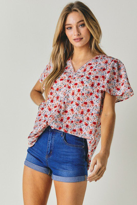 Floral Printed V-Neck Short Sleeve Top  (Online Only/Ships from USA)