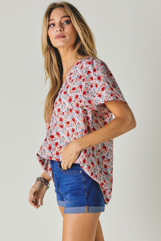 Floral Printed V-Neck Short Sleeve Top  (Online Only/Ships from USA)