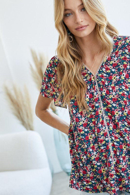 Floral Printed V-Neck Short Sleeve Top  (Online Only/Ships from USA)