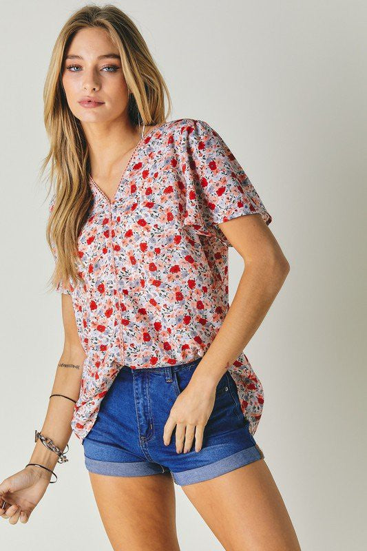 Floral Printed V-Neck Short Sleeve Top  (Online Only/Ships from USA)