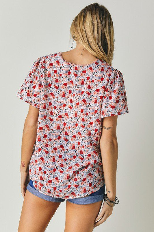 Floral Printed V-Neck Short Sleeve Top  (Online Only/Ships from USA)