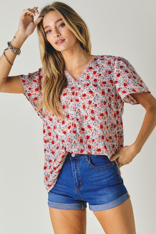 Floral Printed V-Neck Short Sleeve Top  (Online Only/Ships from USA)